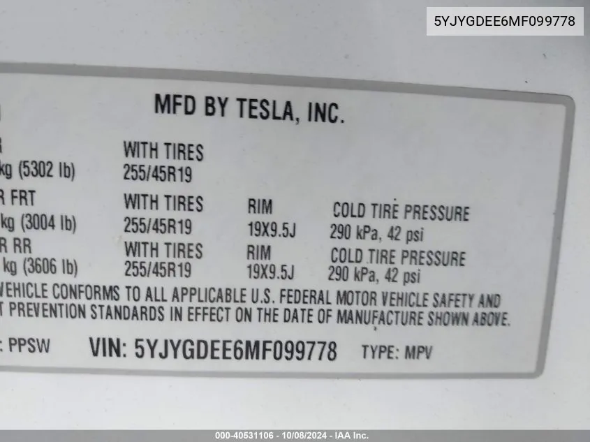 2021 Tesla Model Y VIN: 5YJYGDEE6MF099778 Lot: 40531106