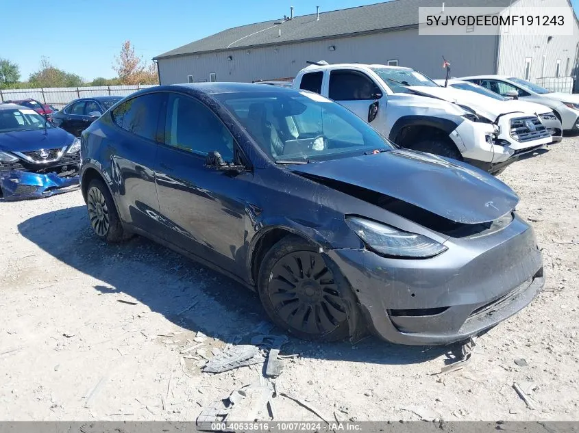 2021 Tesla Model Y VIN: 5YJYGDEE0MF191243 Lot: 40533616