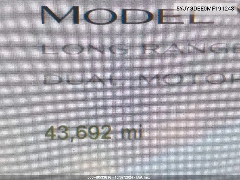 2021 Tesla Model Y VIN: 5YJYGDEE0MF191243 Lot: 40533616