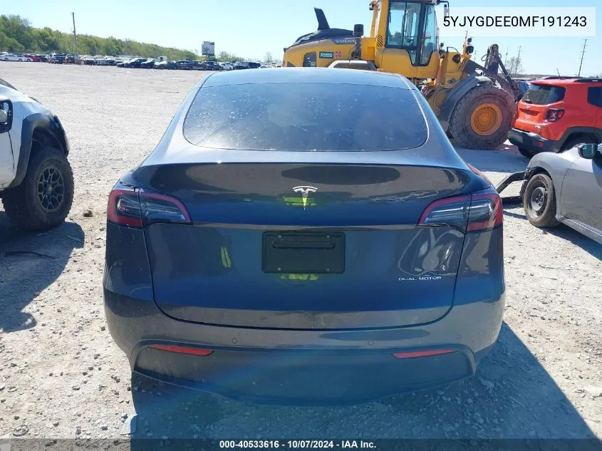 2021 Tesla Model Y VIN: 5YJYGDEE0MF191243 Lot: 40533616