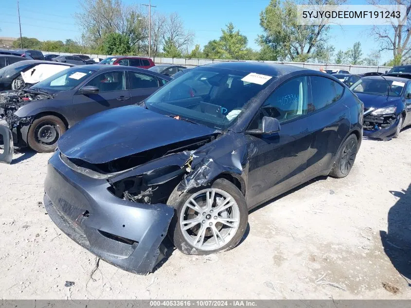 2021 Tesla Model Y VIN: 5YJYGDEE0MF191243 Lot: 40533616