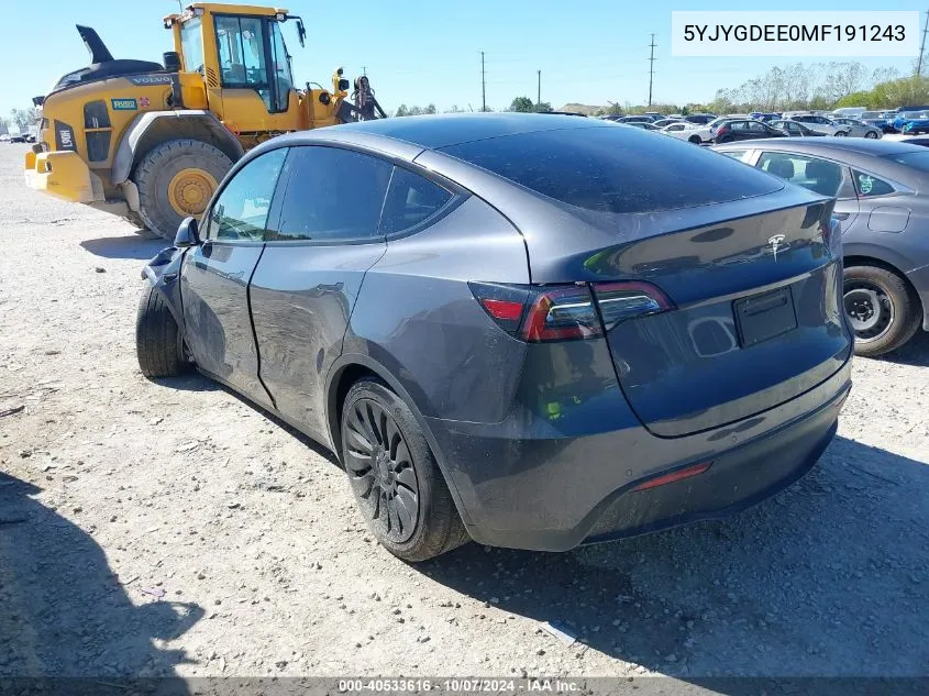 2021 Tesla Model Y VIN: 5YJYGDEE0MF191243 Lot: 40533616