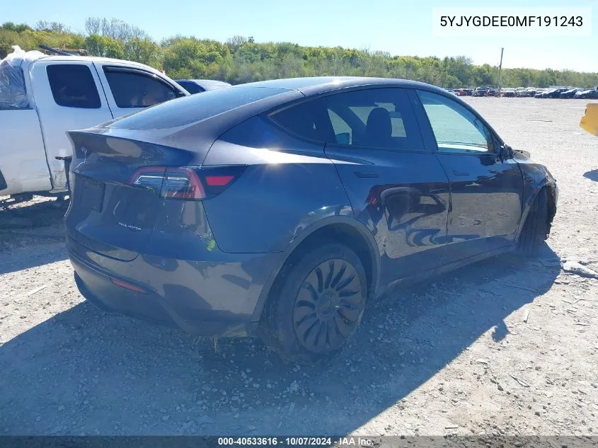 2021 Tesla Model Y VIN: 5YJYGDEE0MF191243 Lot: 40533616