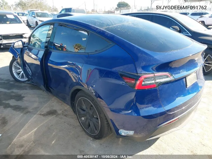 2021 Tesla Model Y VIN: 5YJYGDEE6MF091762 Lot: 40538147