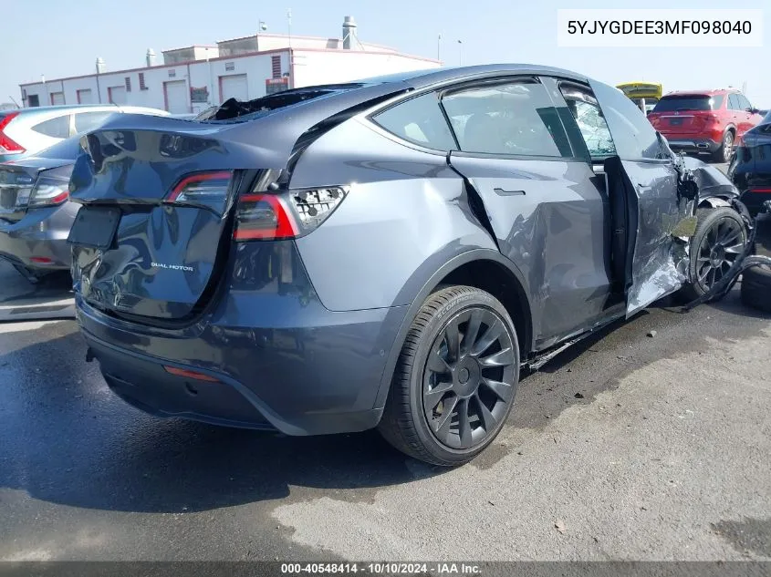 2021 Tesla Model Y Long Range Dual Motor All-Wheel Drive VIN: 5YJYGDEE3MF098040 Lot: 40548414