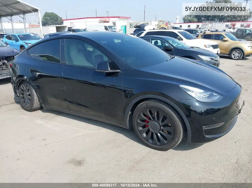 2021 Tesla Model Y Performance Dual Motor All-Wheel Drive VIN: 5YJYGDEFXMF099033 Lot: 40598317