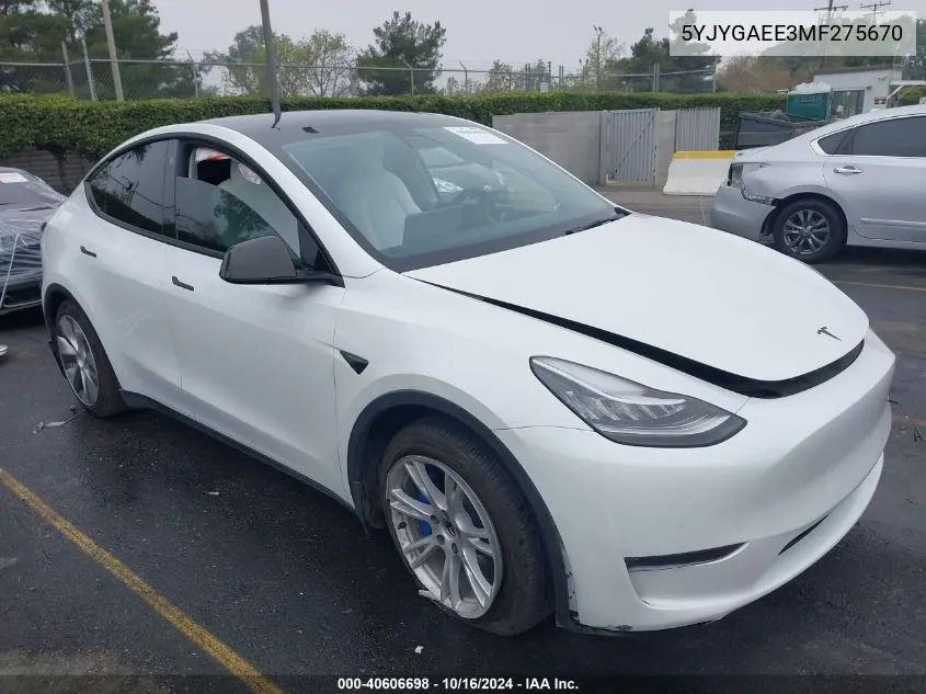 2021 Tesla Model Y Long Range Dual Motor All-Wheel Drive VIN: 5YJYGAEE3MF275670 Lot: 40606698