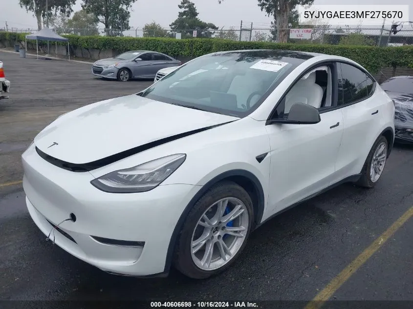 2021 Tesla Model Y Long Range Dual Motor All-Wheel Drive VIN: 5YJYGAEE3MF275670 Lot: 40606698