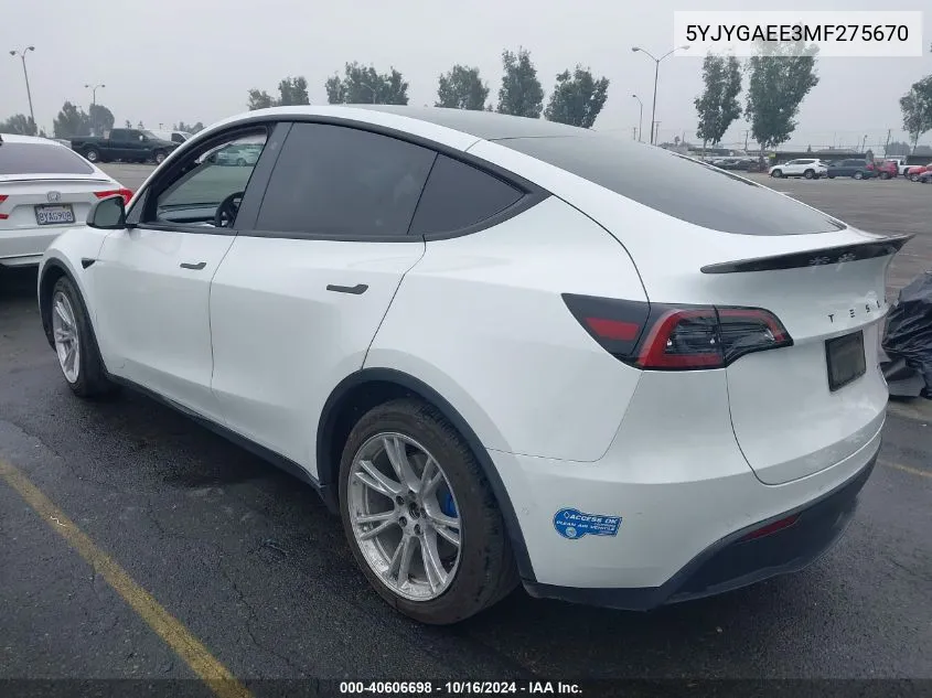 2021 Tesla Model Y Long Range Dual Motor All-Wheel Drive VIN: 5YJYGAEE3MF275670 Lot: 40606698