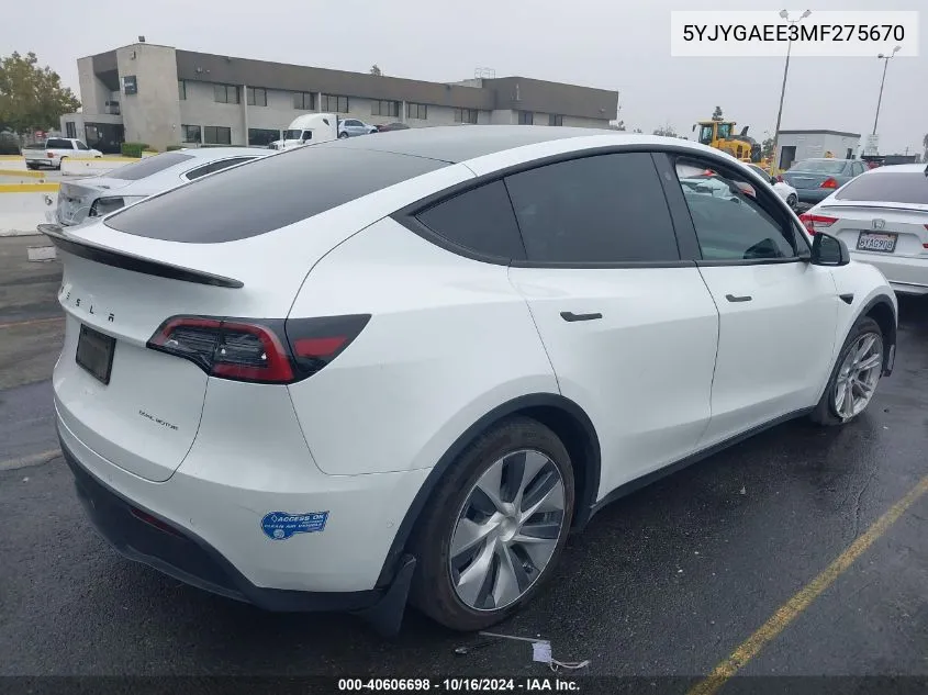 2021 Tesla Model Y Long Range Dual Motor All-Wheel Drive VIN: 5YJYGAEE3MF275670 Lot: 40606698