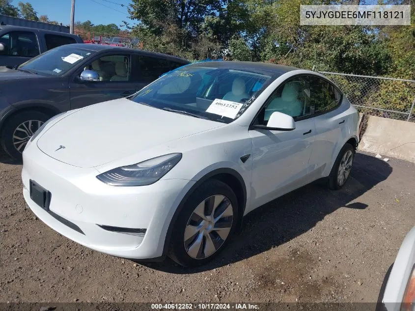 2021 Tesla Model Y Long Range Dual Motor All-Wheel Drive VIN: 5YJYGDEE6MF118121 Lot: 40612252