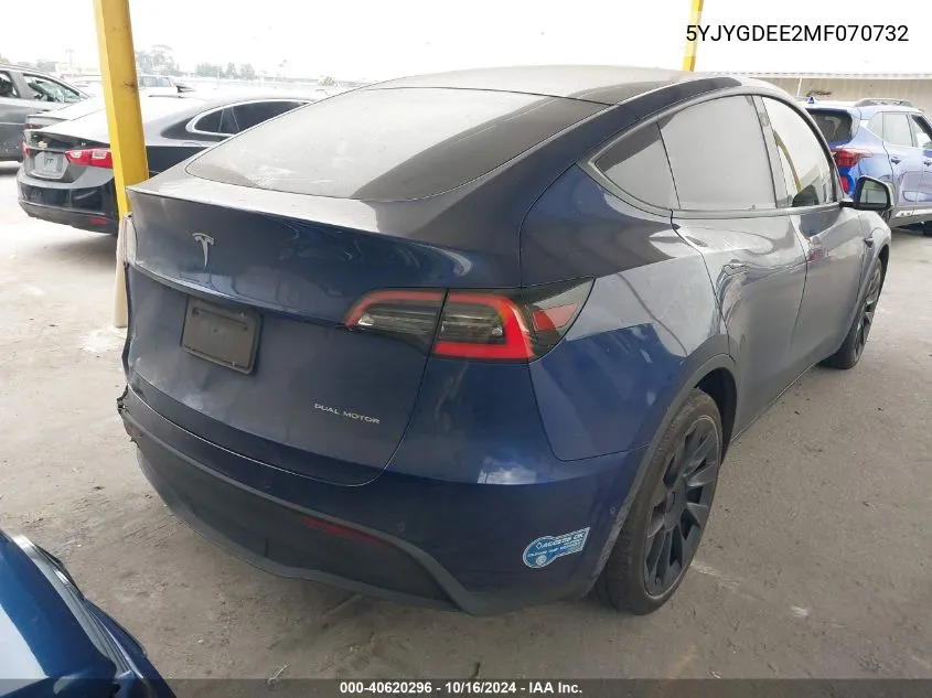 2021 Tesla Model Y Long Range Dual Motor All-Wheel Drive VIN: 5YJYGDEE2MF070732 Lot: 40620296