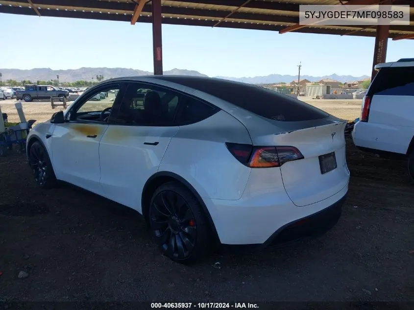 2021 Tesla Model Y Performance Dual Motor All-Wheel Drive VIN: 5YJYGDEF7MF098583 Lot: 40635937