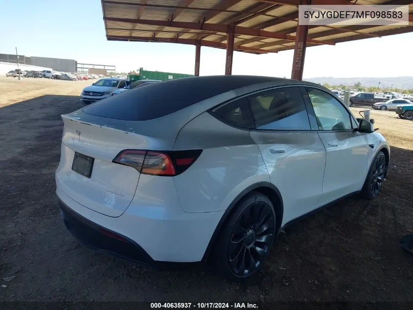 2021 Tesla Model Y Performance Dual Motor All-Wheel Drive VIN: 5YJYGDEF7MF098583 Lot: 40635937