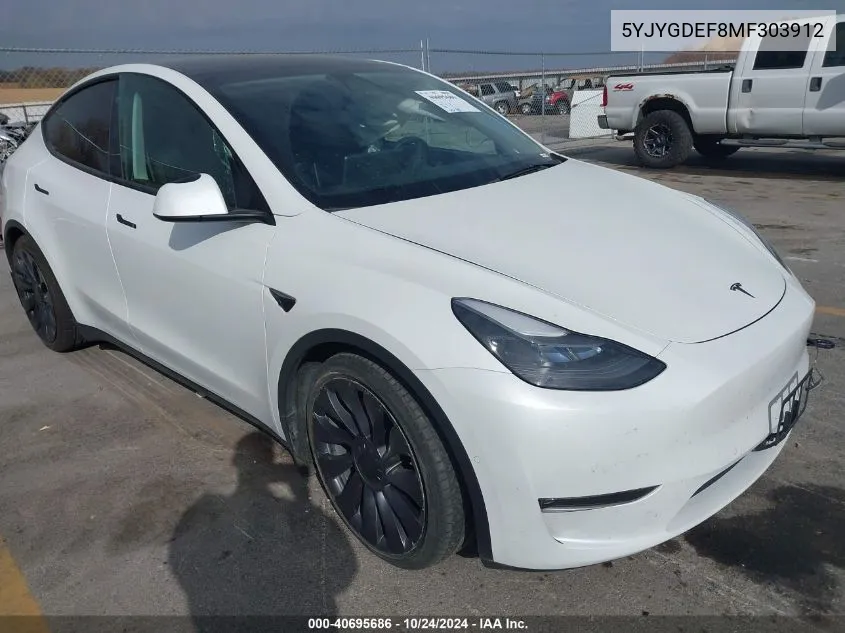 2021 Tesla Model Y Performance Dual Motor All-Wheel Drive VIN: 5YJYGDEF8MF303912 Lot: 40695686