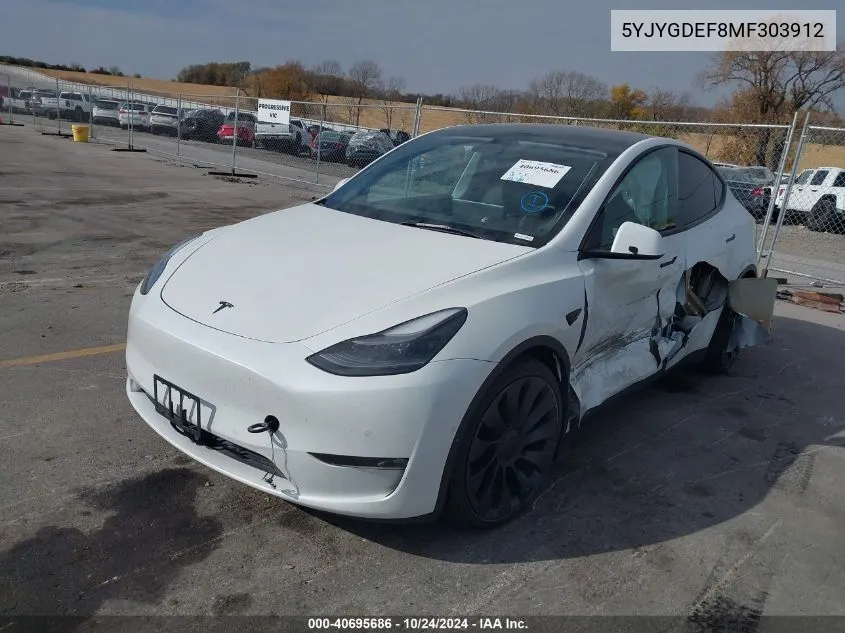 2021 Tesla Model Y Performance Dual Motor All-Wheel Drive VIN: 5YJYGDEF8MF303912 Lot: 40695686