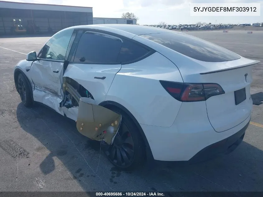 2021 Tesla Model Y Performance Dual Motor All-Wheel Drive VIN: 5YJYGDEF8MF303912 Lot: 40695686