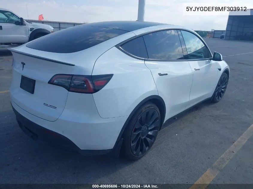 2021 Tesla Model Y Performance Dual Motor All-Wheel Drive VIN: 5YJYGDEF8MF303912 Lot: 40695686