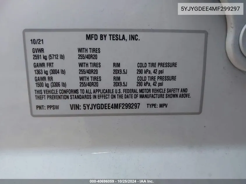 2021 Tesla Model Y Long Range Dual Motor All-Wheel Drive VIN: 5YJYGDEE4MF299297 Lot: 40696059