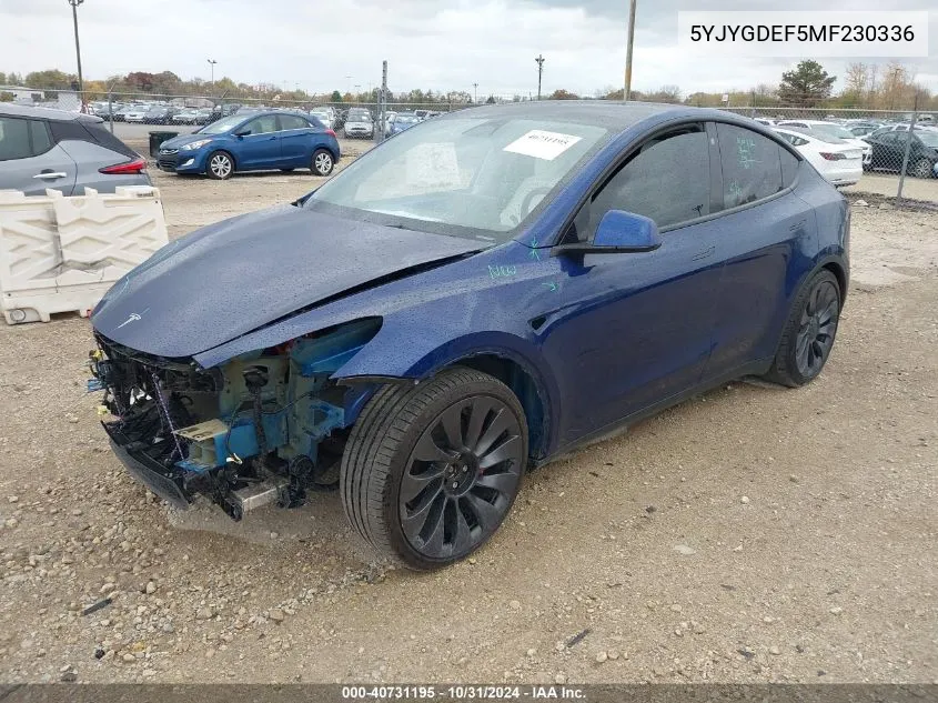 2021 Tesla Model Y Performance Dual Motor All-Wheel Drive VIN: 5YJYGDEF5MF230336 Lot: 40731195