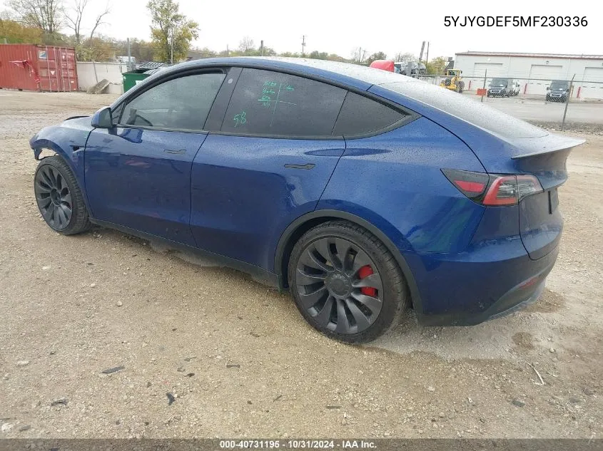 2021 Tesla Model Y Performance Dual Motor All-Wheel Drive VIN: 5YJYGDEF5MF230336 Lot: 40731195