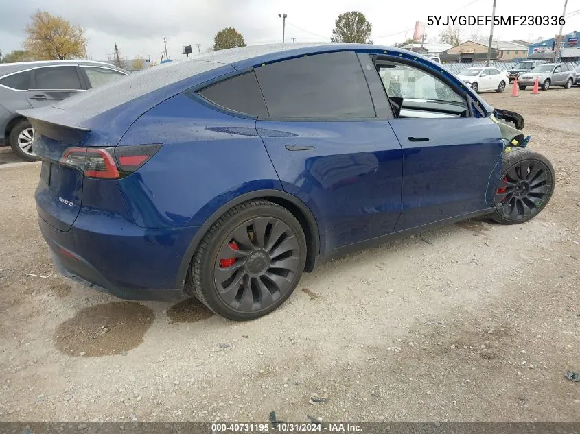 2021 Tesla Model Y Performance Dual Motor All-Wheel Drive VIN: 5YJYGDEF5MF230336 Lot: 40731195