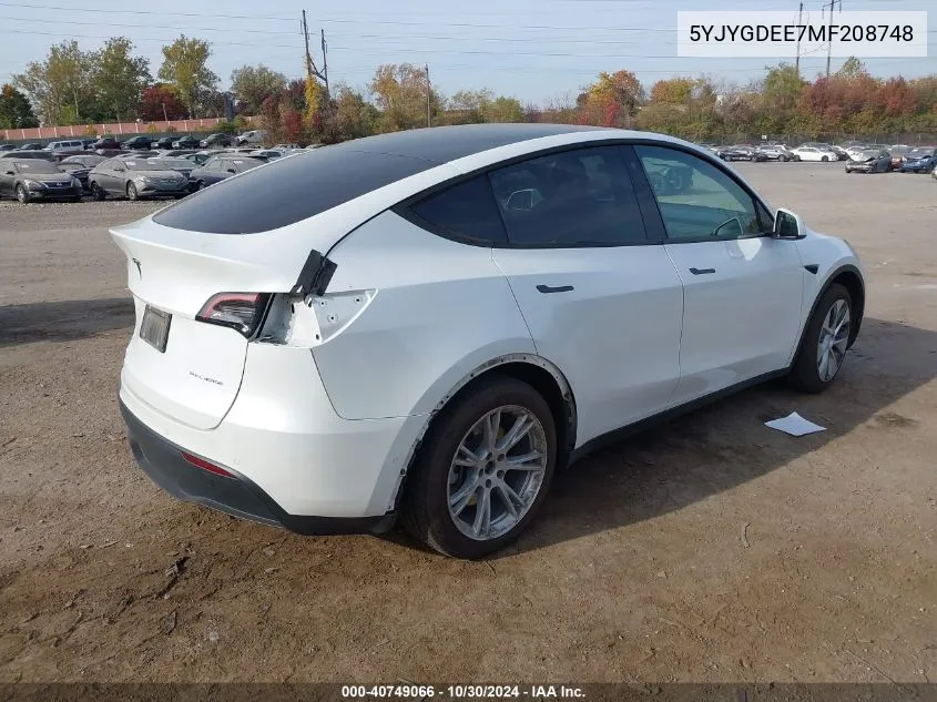 2021 Tesla Model Y Long Range Dual Motor All-Wheel Drive VIN: 5YJYGDEE7MF208748 Lot: 40749066