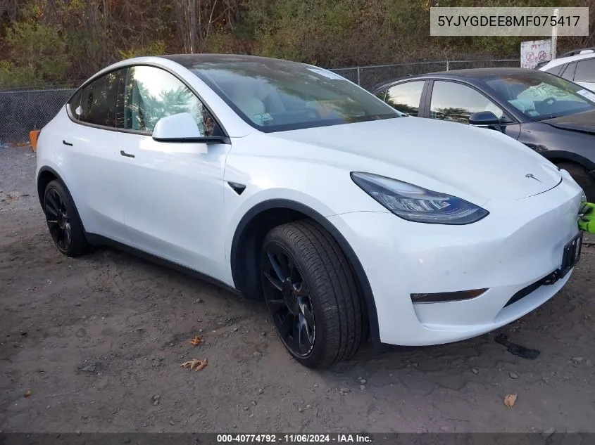 2021 Tesla Model Y Long Range Dual Motor All-Wheel Drive VIN: 5YJYGDEE8MF075417 Lot: 40774792