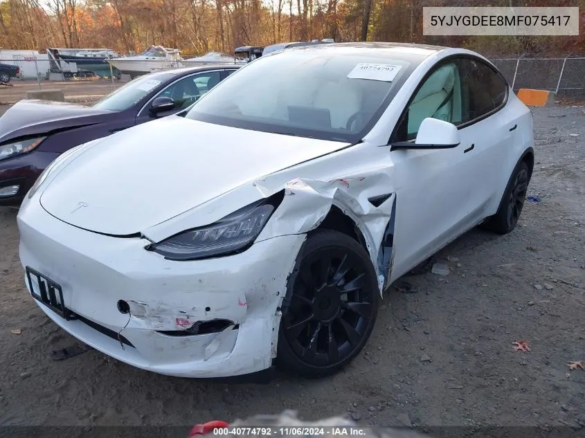 2021 Tesla Model Y Long Range Dual Motor All-Wheel Drive VIN: 5YJYGDEE8MF075417 Lot: 40774792