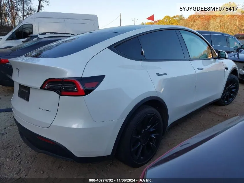 2021 Tesla Model Y Long Range Dual Motor All-Wheel Drive VIN: 5YJYGDEE8MF075417 Lot: 40774792