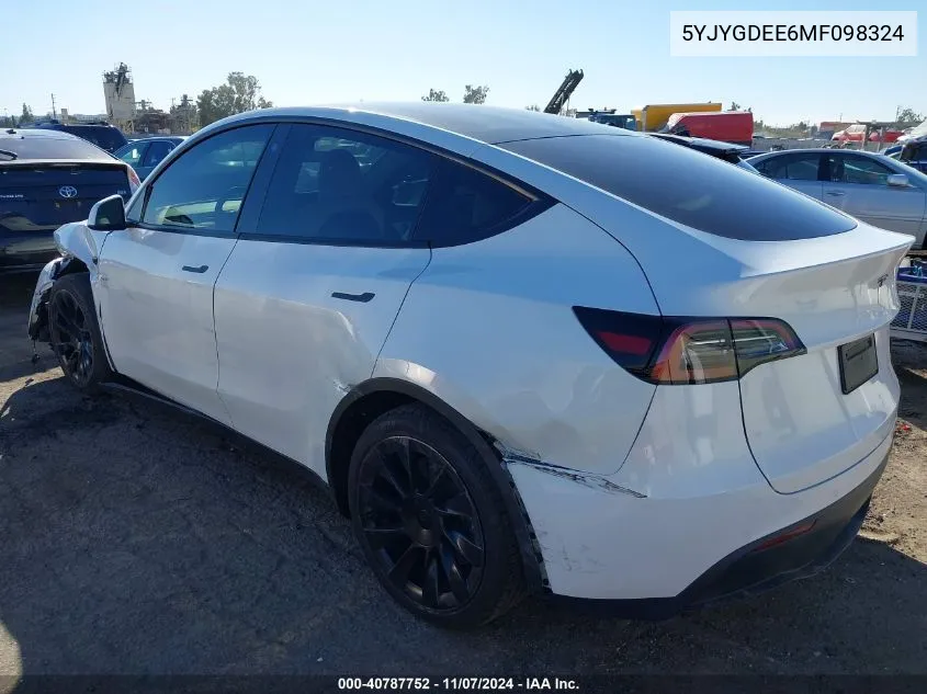 2021 Tesla Model Y Long Range Dual Motor All-Wheel Drive VIN: 5YJYGDEE6MF098324 Lot: 40787752