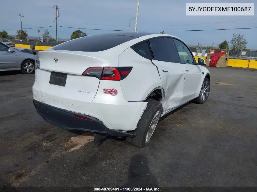 2021 Tesla Model Y Long Range Dual Motor All-Wheel Drive VIN: 5YJYGDEEXMF100687 Lot: 40789481