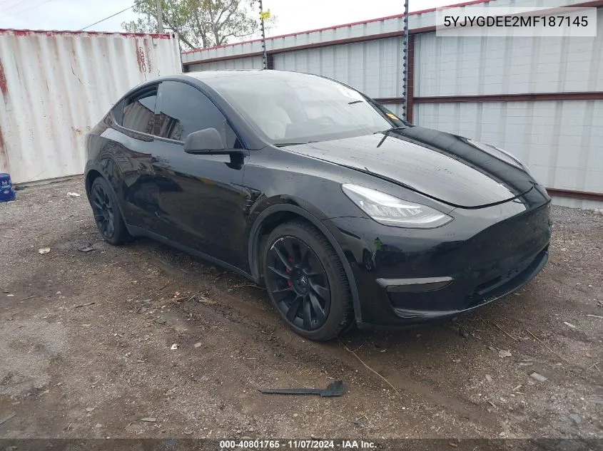 2021 Tesla Model Y Long Range Dual Motor All-Wheel Drive VIN: 5YJYGDEE2MF187145 Lot: 40801765