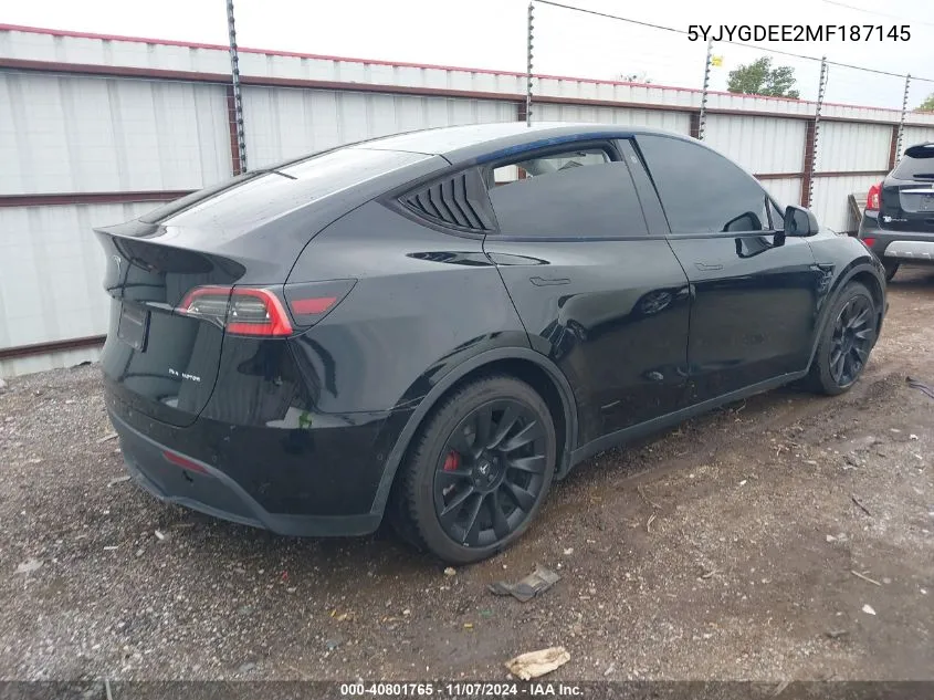 2021 Tesla Model Y Long Range Dual Motor All-Wheel Drive VIN: 5YJYGDEE2MF187145 Lot: 40801765