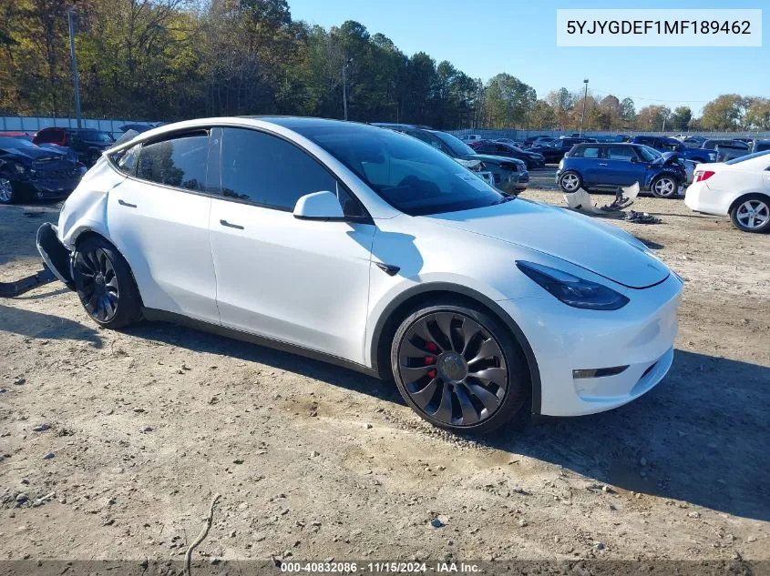 2021 Tesla Model Y Performance Dual Motor All-Wheel Drive VIN: 5YJYGDEF1MF189462 Lot: 40832086