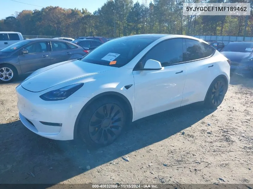 2021 Tesla Model Y Performance Dual Motor All-Wheel Drive VIN: 5YJYGDEF1MF189462 Lot: 40832086