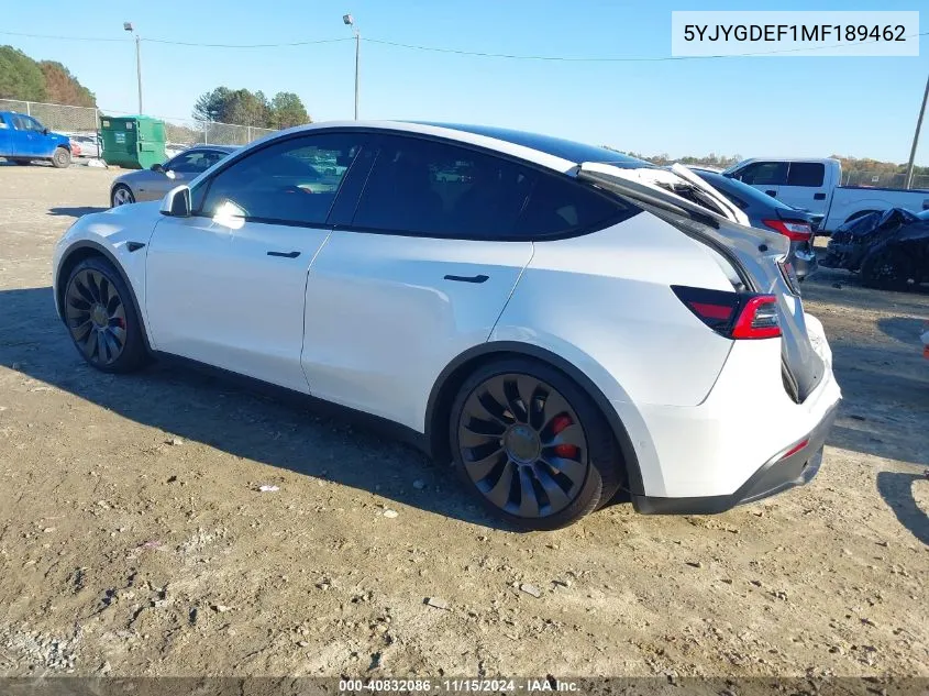 2021 Tesla Model Y Performance Dual Motor All-Wheel Drive VIN: 5YJYGDEF1MF189462 Lot: 40832086