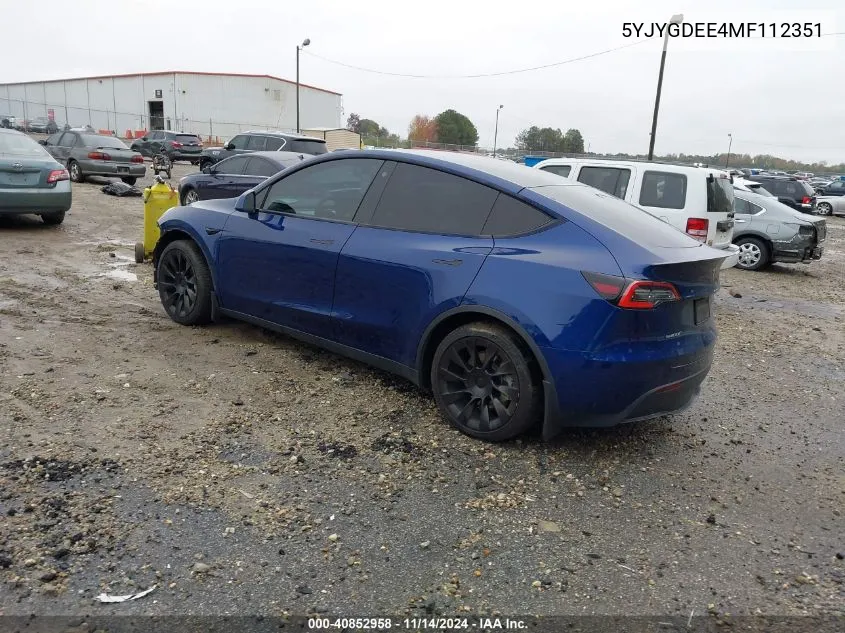 2021 Tesla Model Y Long Range Dual Motor All-Wheel Drive VIN: 5YJYGDEE4MF112351 Lot: 40852958