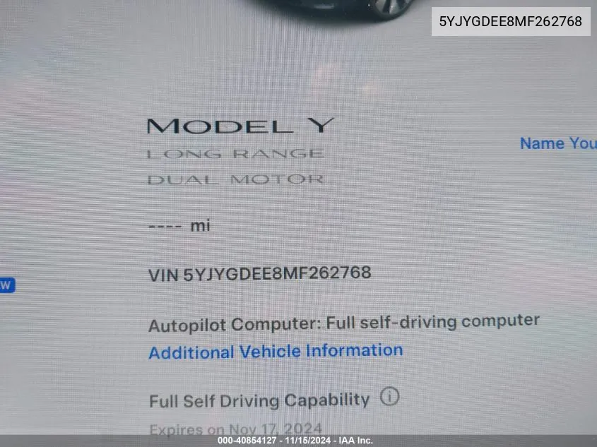 2021 Tesla Model Y Long Range Dual Motor All-Wheel Drive VIN: 5YJYGDEE8MF262768 Lot: 40854127