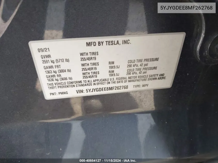 2021 Tesla Model Y Long Range Dual Motor All-Wheel Drive VIN: 5YJYGDEE8MF262768 Lot: 40854127