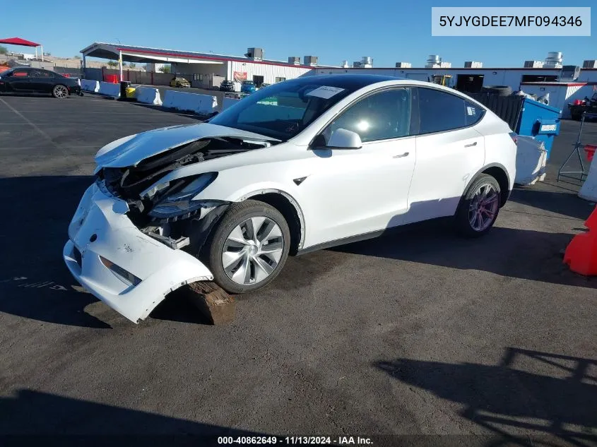 2021 Tesla Model Y Long Range Dual Motor All-Wheel Drive VIN: 5YJYGDEE7MF094346 Lot: 40862649