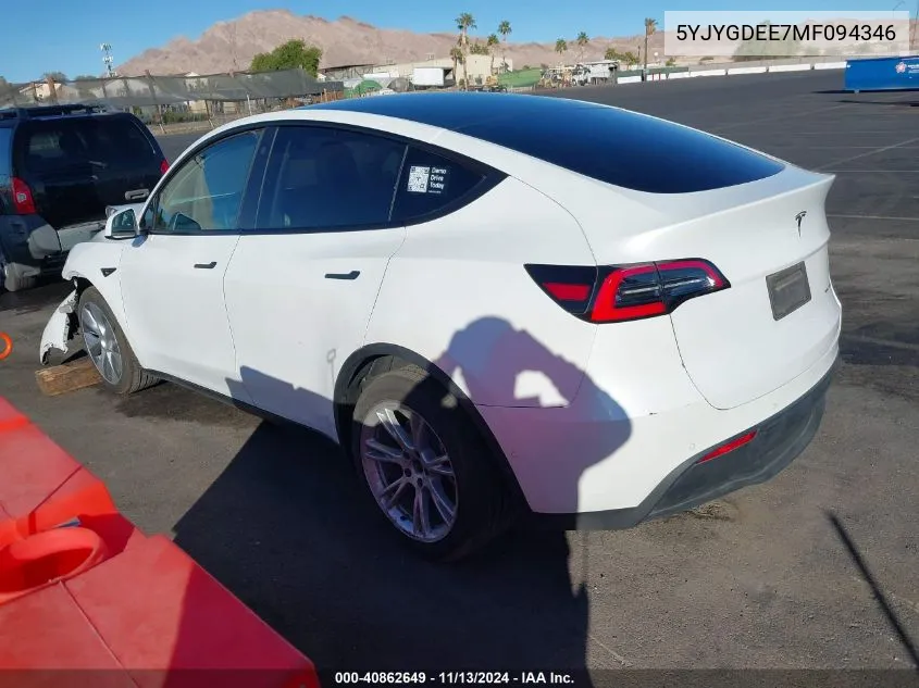 2021 Tesla Model Y Long Range Dual Motor All-Wheel Drive VIN: 5YJYGDEE7MF094346 Lot: 40862649