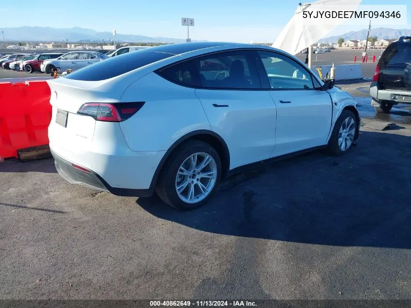 2021 Tesla Model Y Long Range Dual Motor All-Wheel Drive VIN: 5YJYGDEE7MF094346 Lot: 40862649