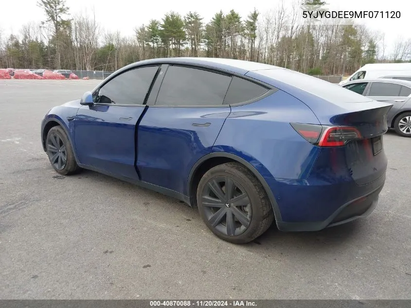 2021 Tesla Model Y Long Range Dual Motor All-Wheel Drive VIN: 5YJYGDEE9MF071120 Lot: 40870088