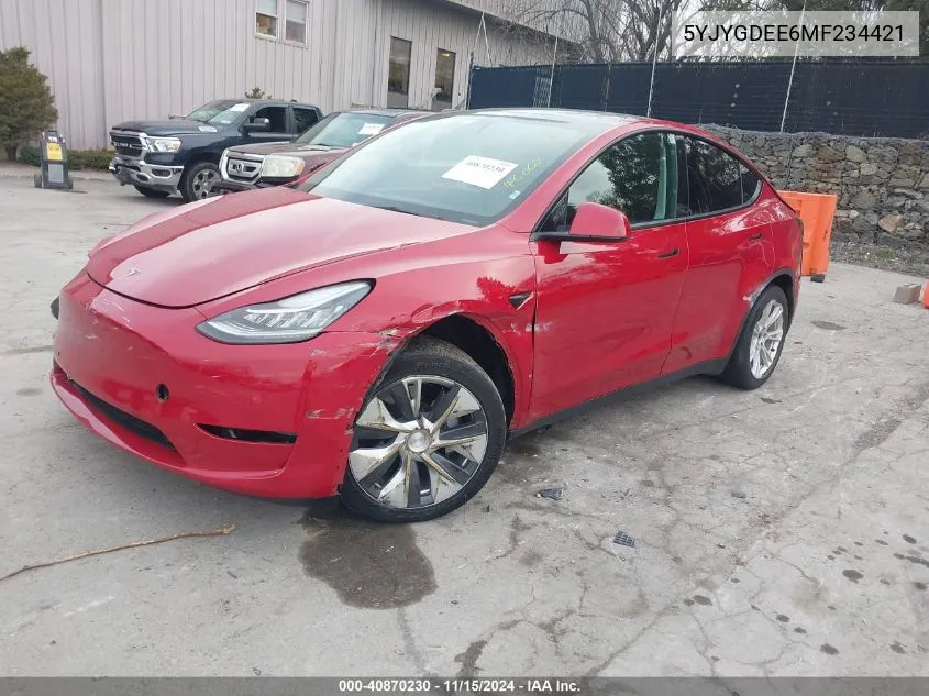 2021 Tesla Model Y Long Range Dual Motor All-Wheel Drive VIN: 5YJYGDEE6MF234421 Lot: 40870230