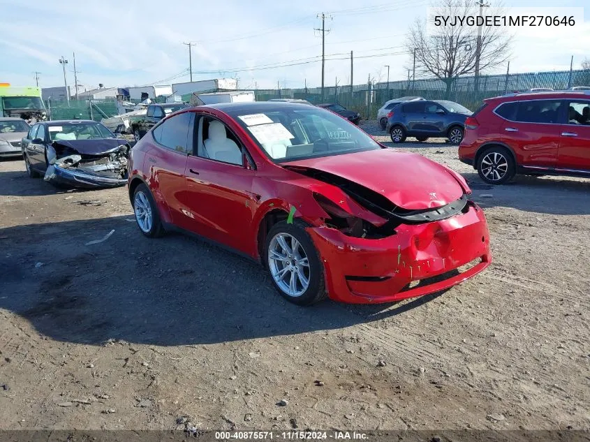 2021 Tesla Model Y Long Range Dual Motor All-Wheel Drive VIN: 5YJYGDEE1MF270646 Lot: 40875571