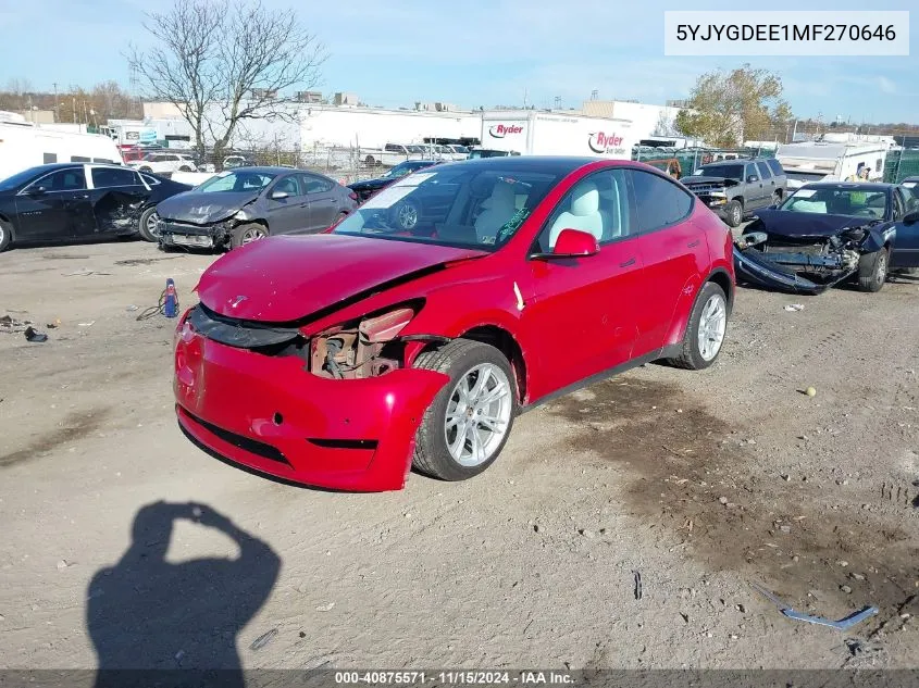 2021 Tesla Model Y Long Range Dual Motor All-Wheel Drive VIN: 5YJYGDEE1MF270646 Lot: 40875571