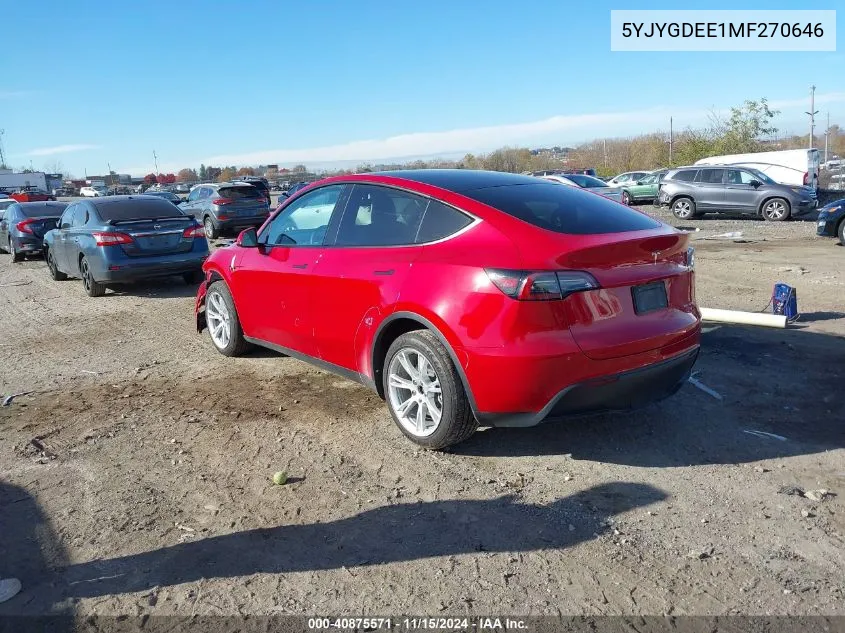 2021 Tesla Model Y Long Range Dual Motor All-Wheel Drive VIN: 5YJYGDEE1MF270646 Lot: 40875571