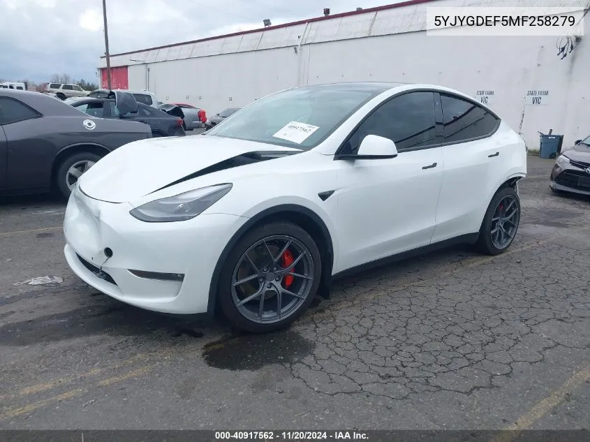 2021 Tesla Model Y Performance Dual Motor All-Wheel Drive VIN: 5YJYGDEF5MF258279 Lot: 40917562