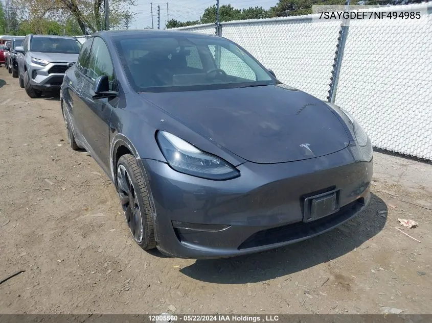 2022 Tesla Model Y VIN: 7SAYGDEF7NF494985 Lot: 12005560